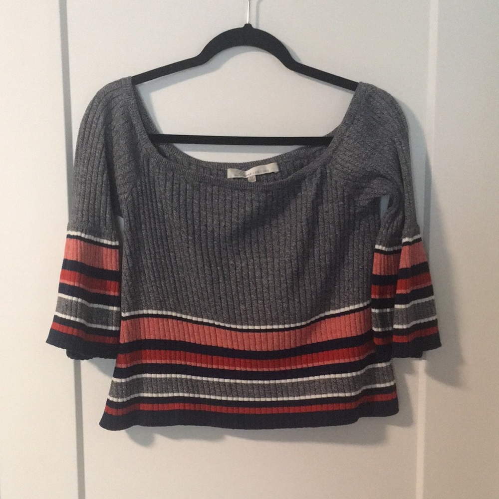 Lovers + Friends Off-the-Shoulder Striped Gray Crop Sweater Size M